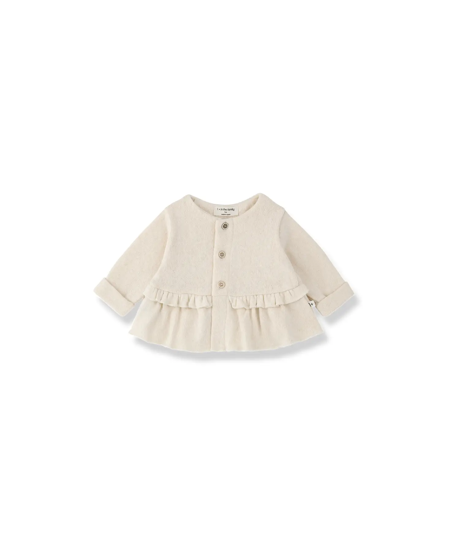 Strasbourg gilet écru by 1+ in the Family; cream knit with button front and ruffle hem