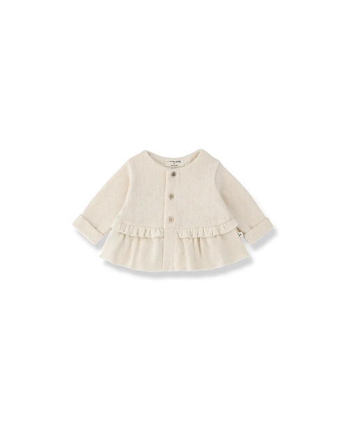 Strasbourg gilet écru by 1+ in the Family; cream knit with button front and ruffle hem