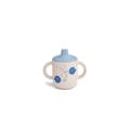 Sippy cup LIEWOOD tasse neil pufferfish sandy, cream body with blue lid and two handles, blue fish pattern.