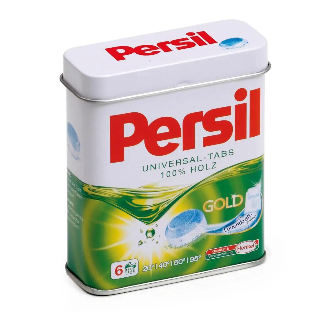 Boîte métallique de tablettes de lessive Persil Universal-Tabs, 6 unités, emballage vert et blanc avec tablette bleue