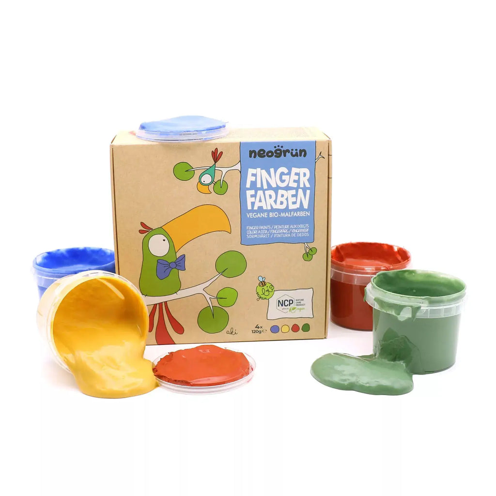 Neogrün Fingerfarben Set aki, vegan bio finger paints by Citron Grenadine in blue, yellow, orange, red and green.