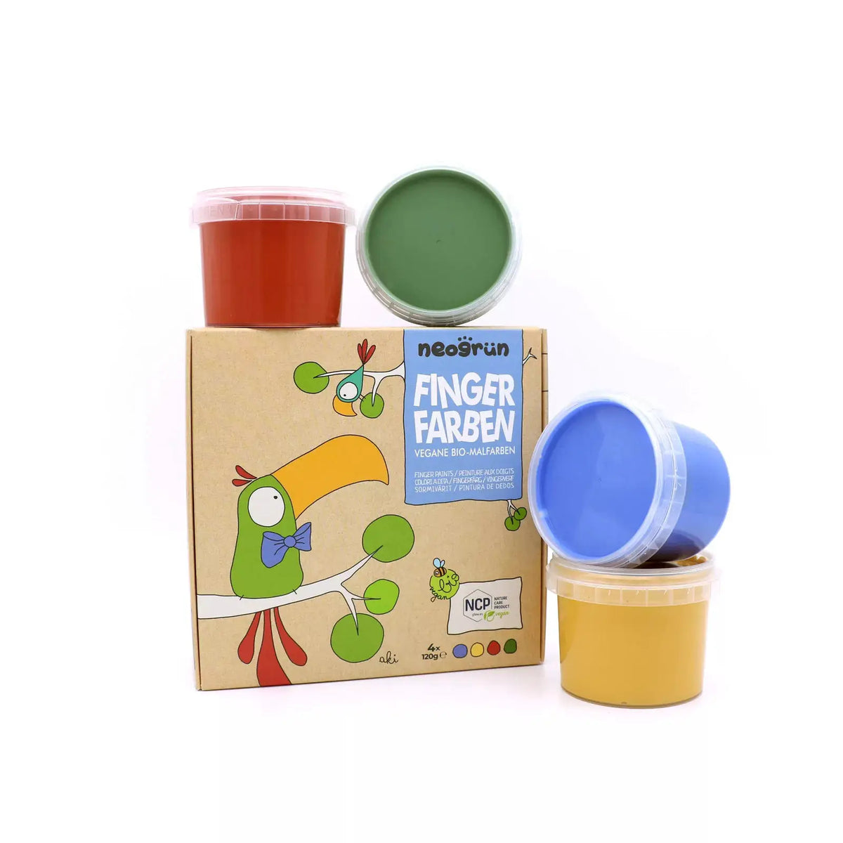 neogrün vegan finger paints set Aki — four color tubs (red, green, blue, yellow) on illustrated cardboard box.