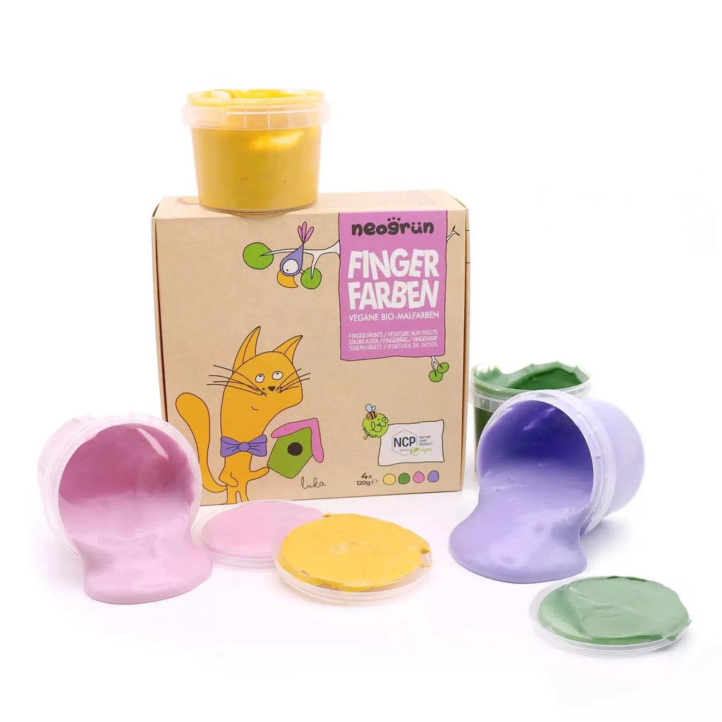 Coffret NEOGRÜN Fingerfarben Luka, peintures pour doigts véganes bio par Citron Grenadine, pots jaunes et roses.