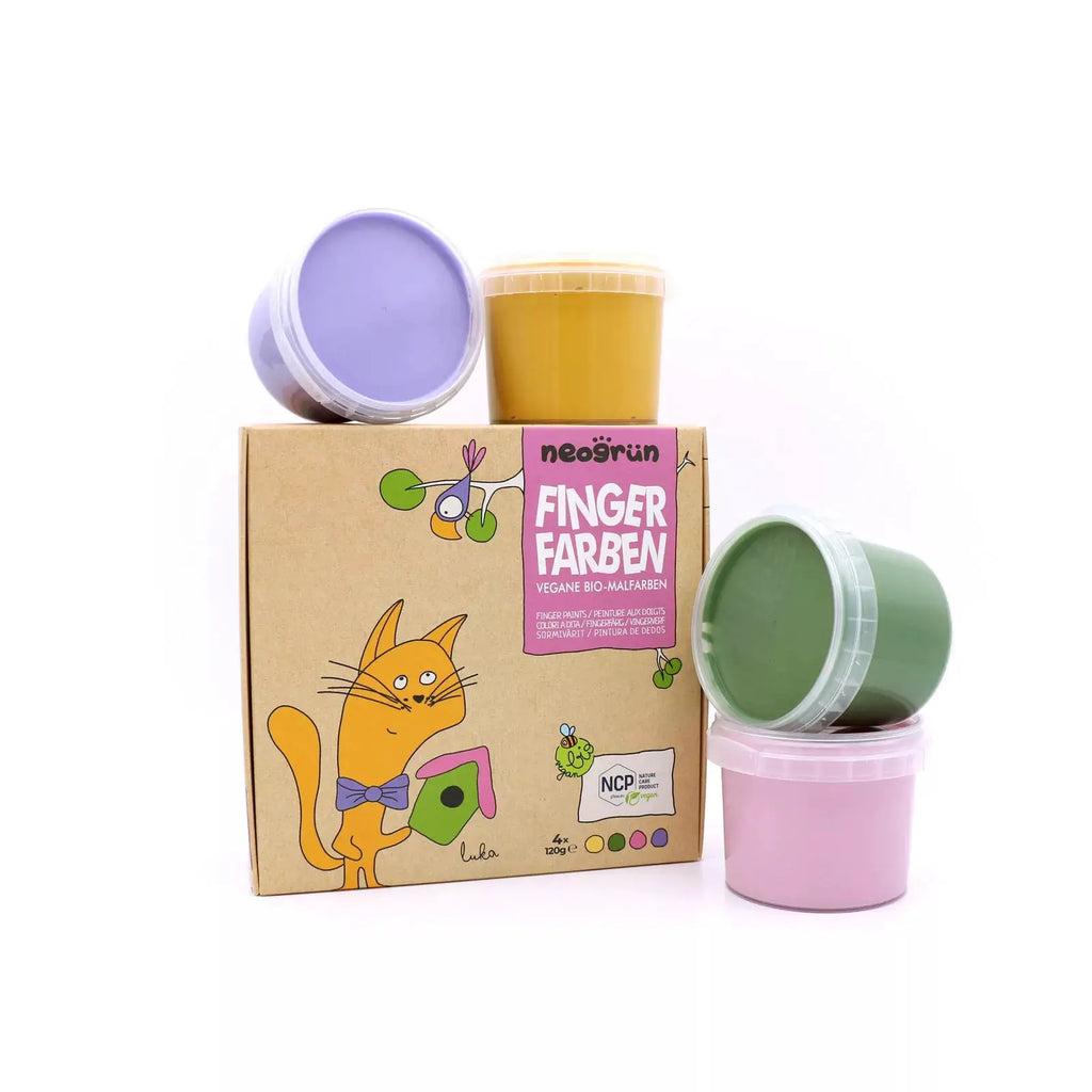 Ensemble NEOGRÜN peinture végane bio à doigts Luka – 4 pots pastel (violet, jaune, vert, rose)