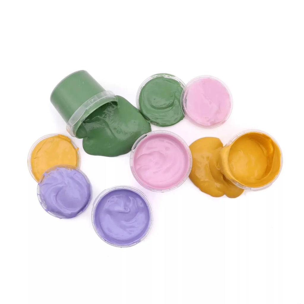 Set Luka de peinture végane bio à doigts — coffret loisirs créatifs avec pots ouverts de couleurs vert, bleu, rose, jaune et violet