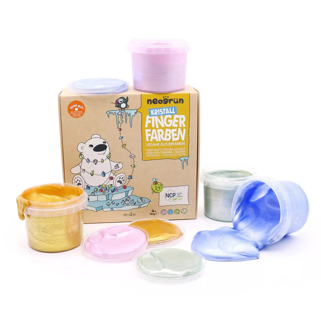 Neogrün Kristall Fingerfarben set Mika - peintures pour doigts véganes bio, couleurs scintillantes, 4 pots de 90 g