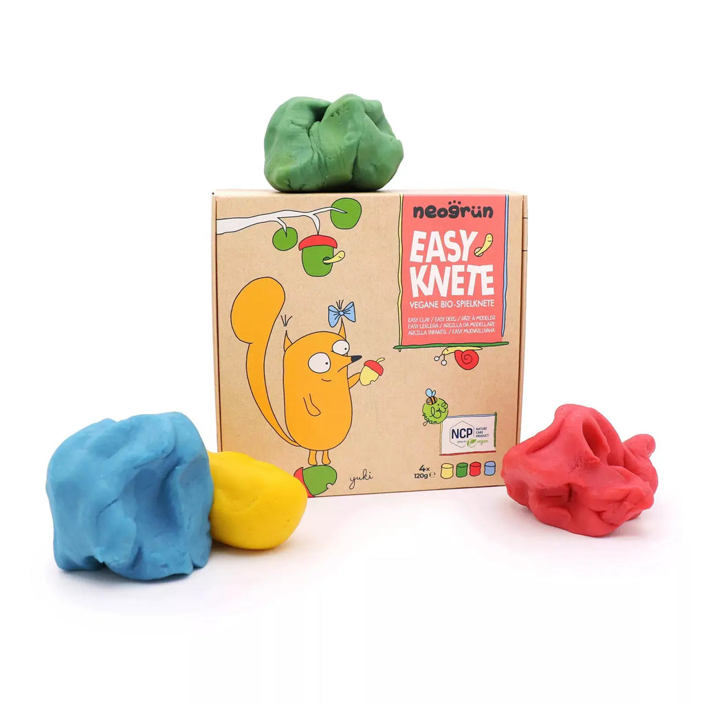 NEOGRÜN pâte à modeler végane bio set Yuki; boîte illustrée, pâte colorée en bleu, jaune, vert et rouge.