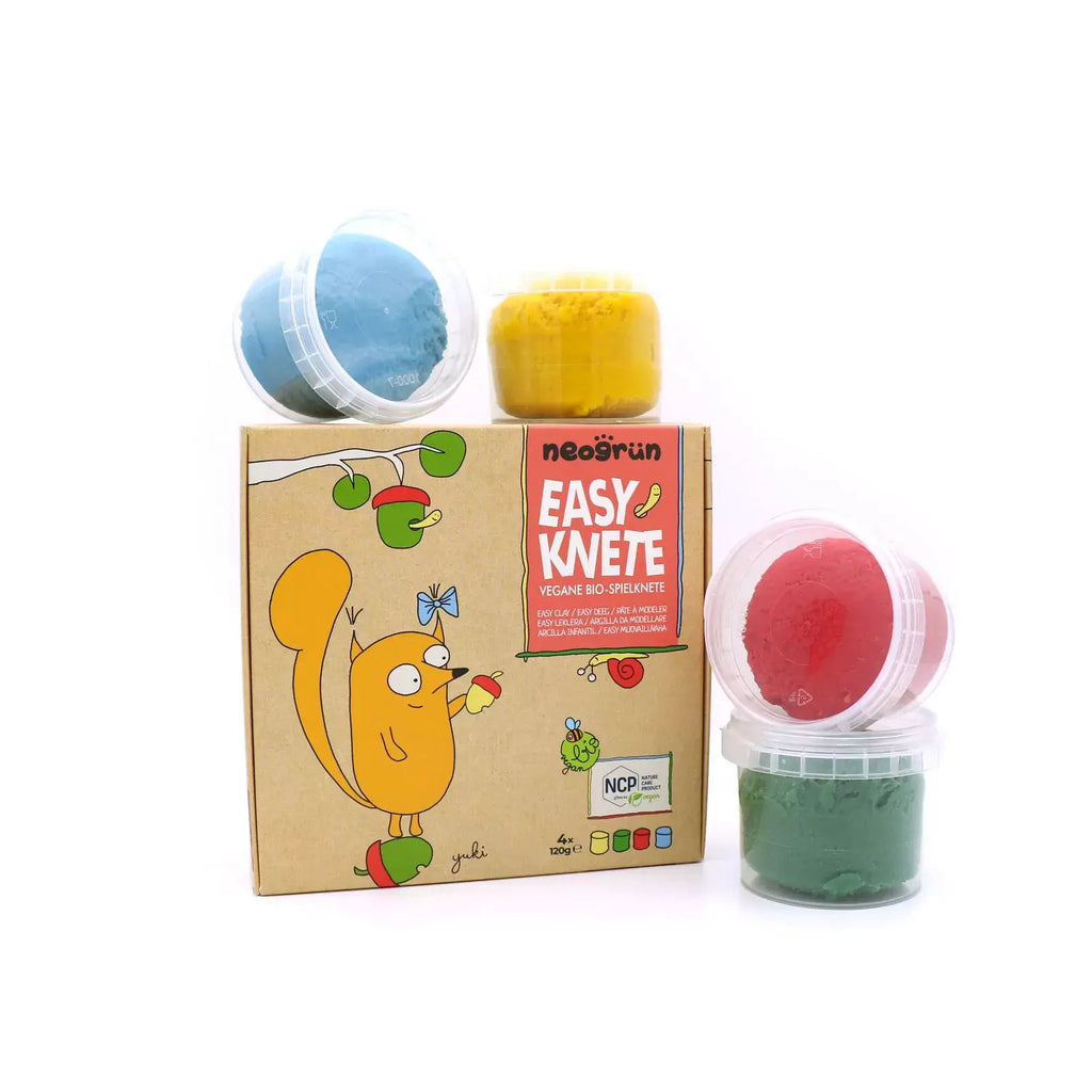 NEOGRÜN pâte à modeler végane bio – set Yuki, 4 colored clays in clear tubs on a cartoon box