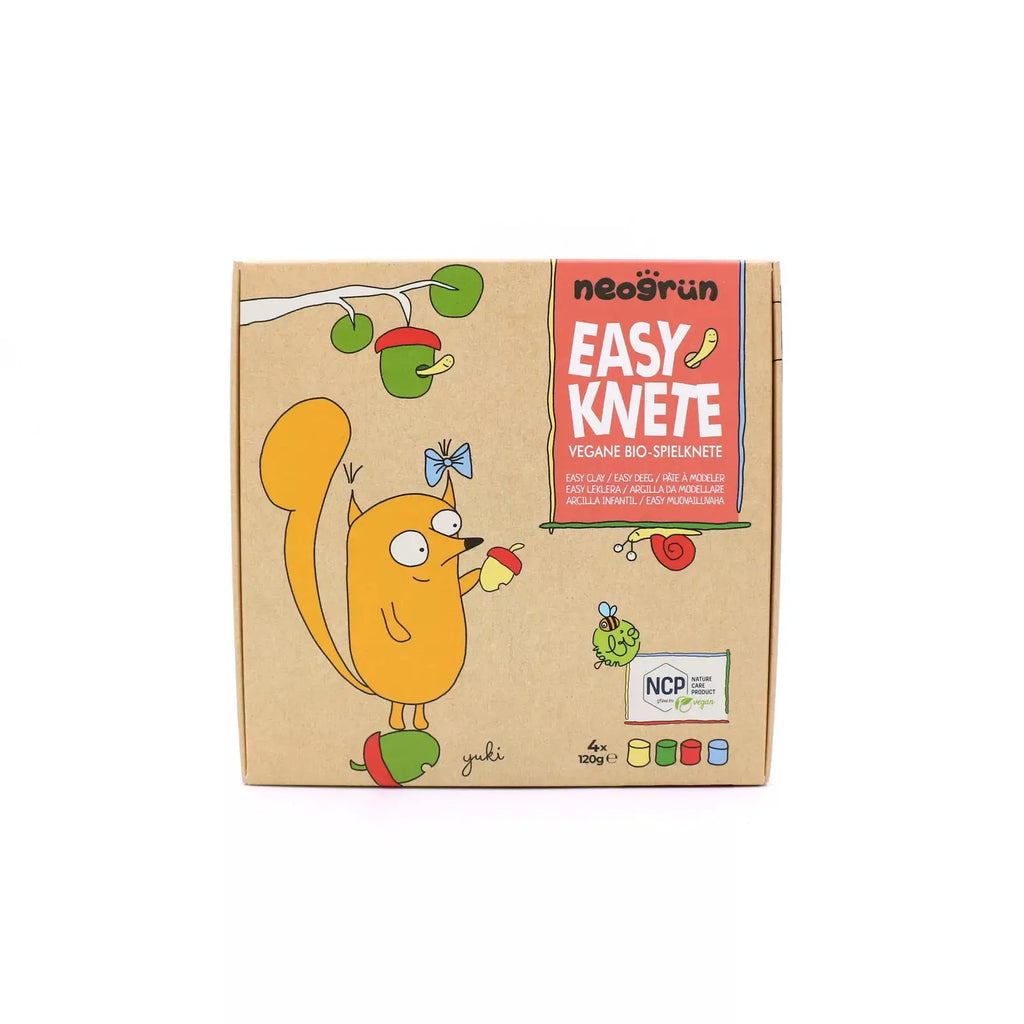 Neogrün Easy Knete vegan bio-set Yuki modeling clay by Citron Grenadine; box with orange squirrel and color swatches.