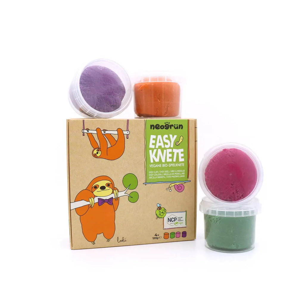 Pâte à modeler Neogrün Easy Knete Loki végan bio, set 4×120 g – violet, orange, rose et vert.