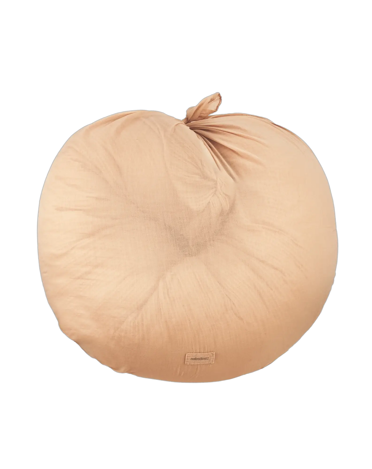 Nobodinoz coussin de maternité wabi sabi powder pink, rond et noué, label visible.