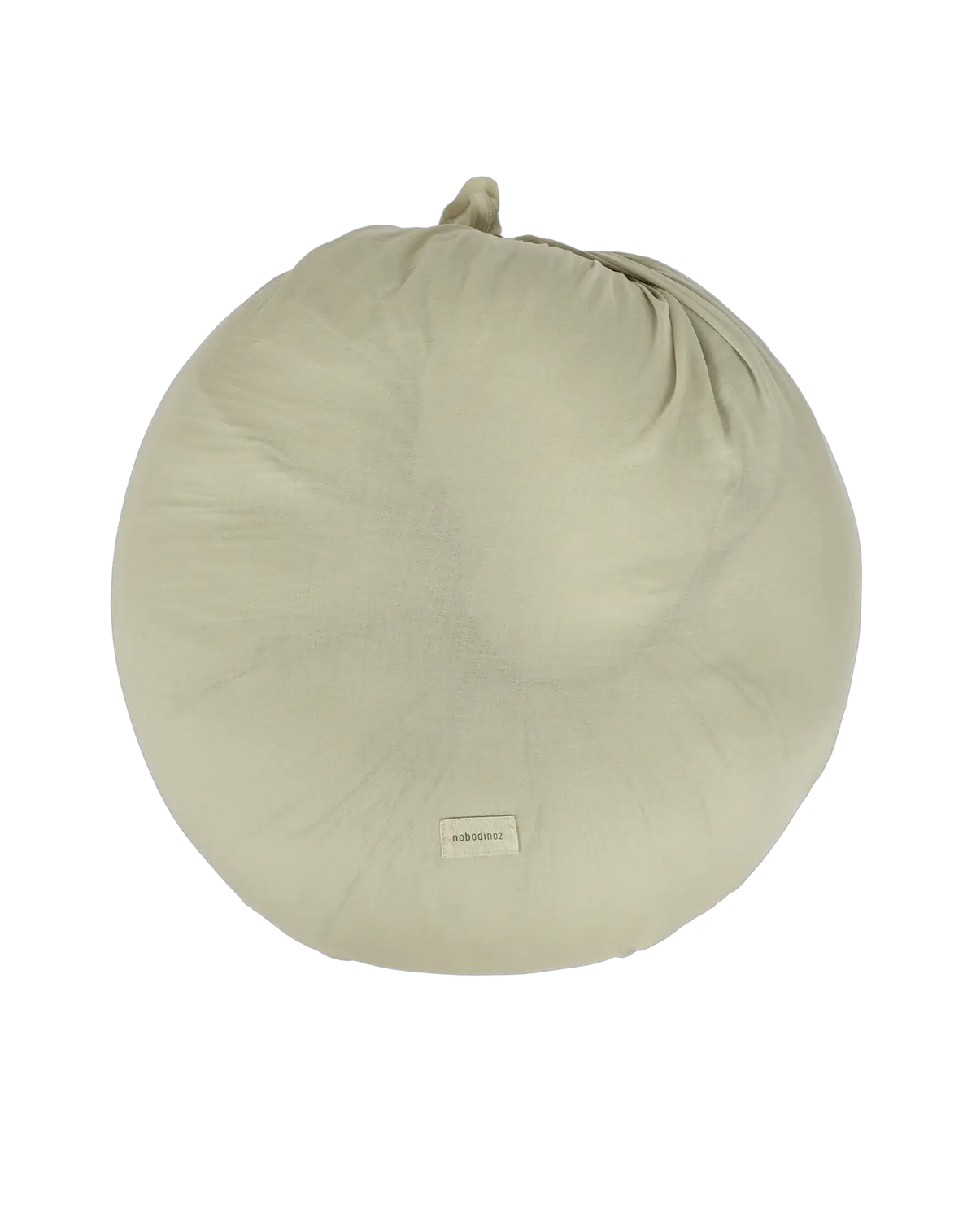 Coussin de maternité rond Nobodinoz vert matcha avec petit nœud et étiquette Nobodinoz