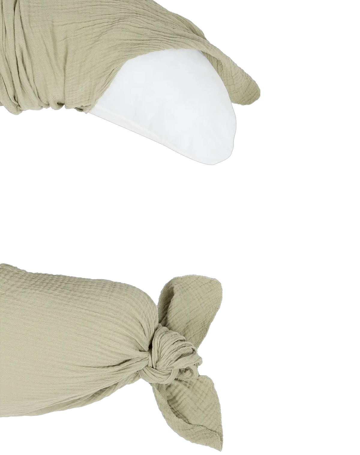 Coussin d’allaitement NOBODINOZ Wabi Sabi vert matcha, tissu texturé avec nœud.