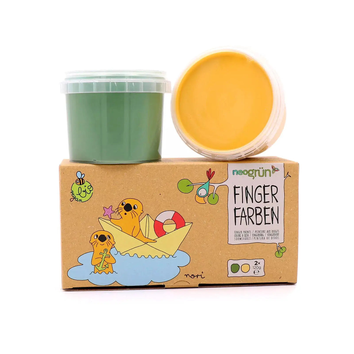Set de peintures pour doigts véganes bio NEOGRÜN, 2 pots vert et jaune sur boîte illustrée