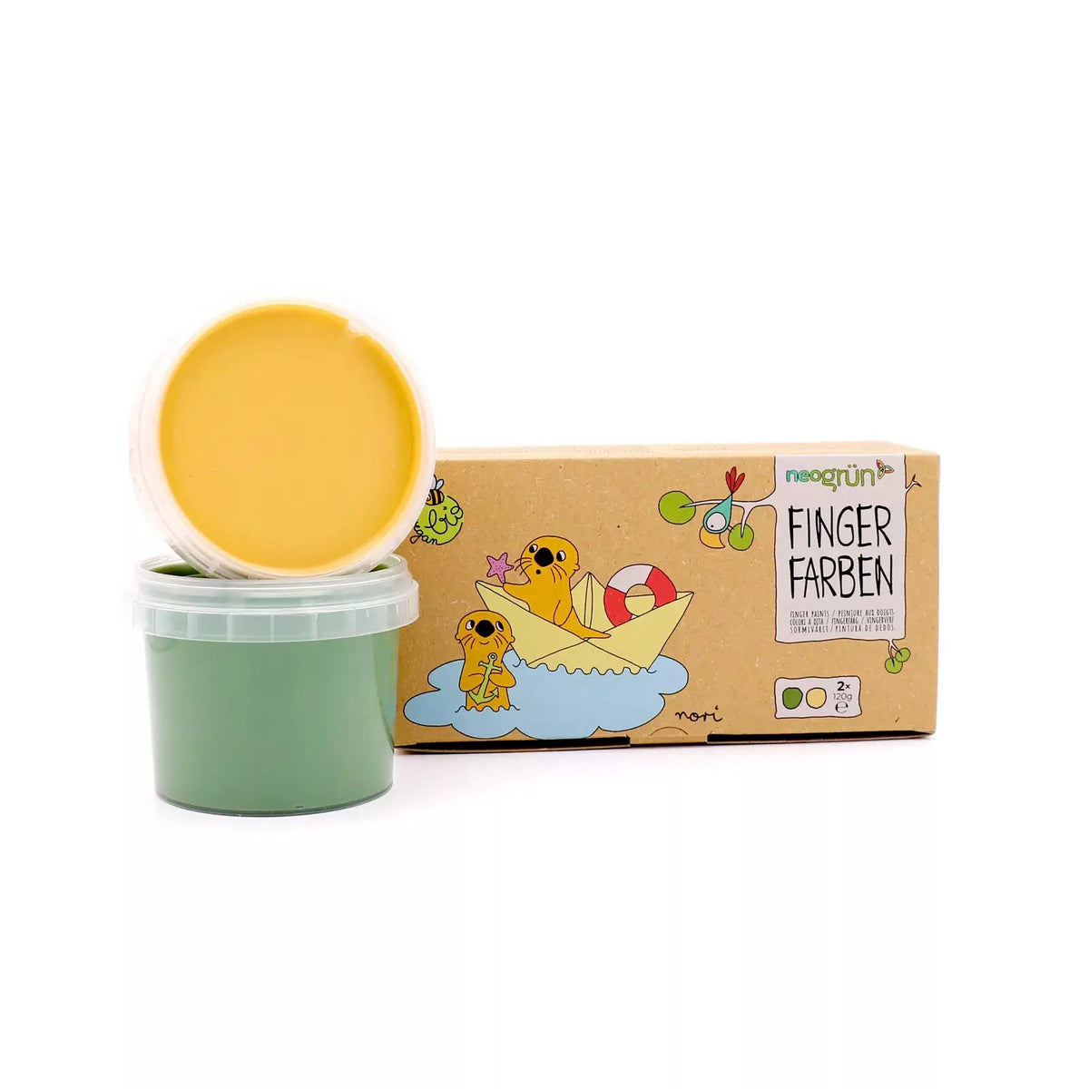 Neogrün finger paints set Nori – vegan bio, boîte illustrée, pots jaune et vert