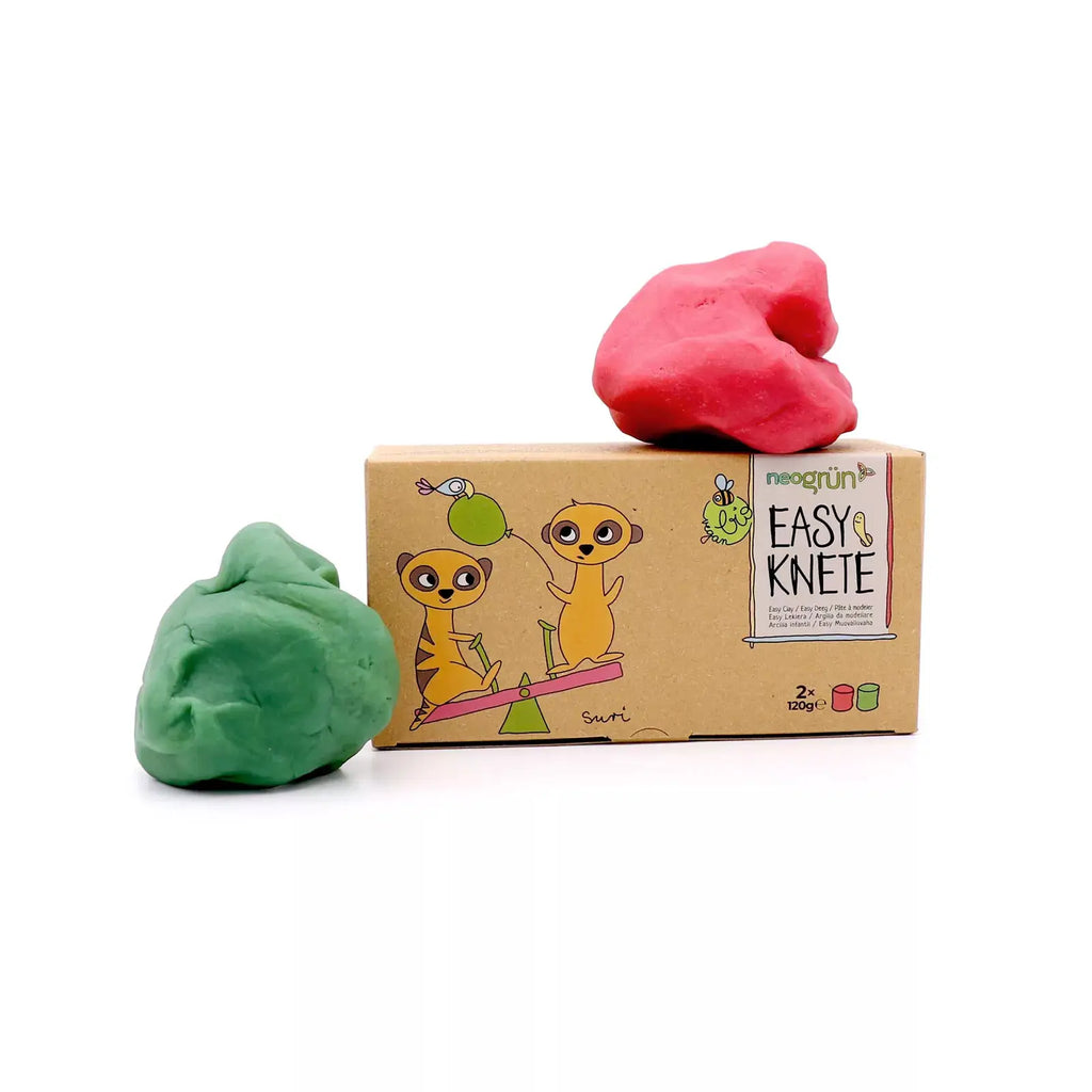 Neogrün pâte à modeler végan bio, set Suri rouge et vert avec deux blocs sur boîte en carton
