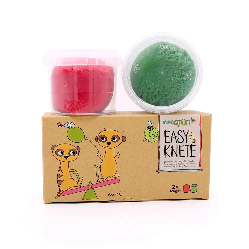 Neogrün pâte à modeler végane bio - set rouge et vert, 2 pots sur boîte illustrée