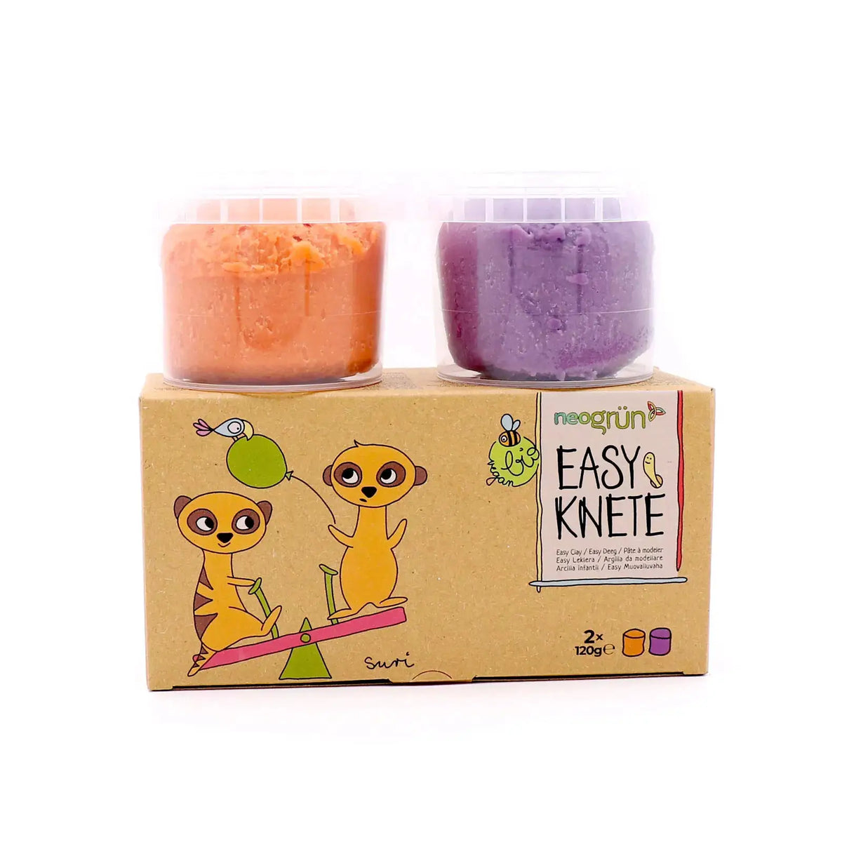 NEOGRÜN pâte à modeler végane bio – set suri orange et violet, 2 pots sur boîte illustrée d’animaux