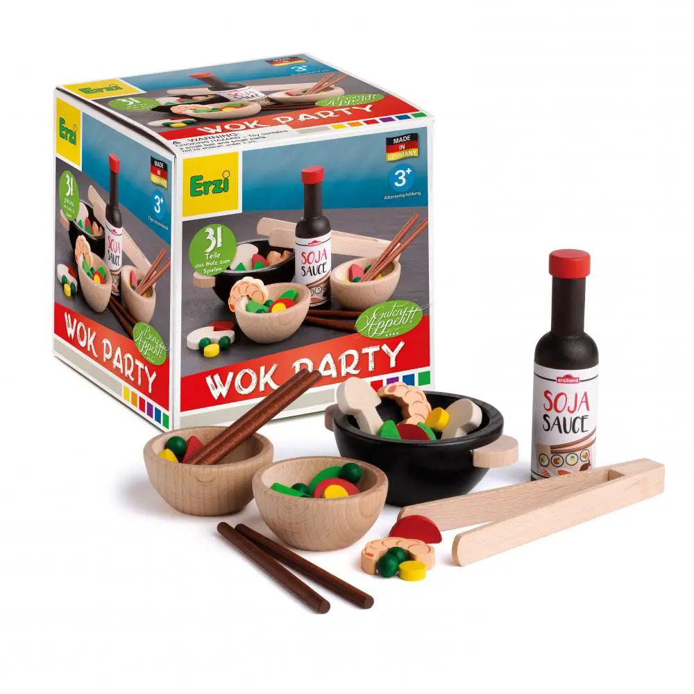Erzi Wok Party toy set for ages 3+ with wooden bowls, chopsticks, wok and soy sauce bottle by Citron Grenadine