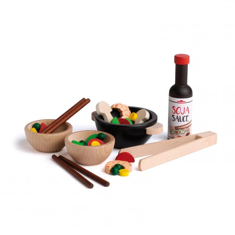 ERZI box wok party wooden play set with imitation foods, bowls, chopsticks and soy sauce bottle