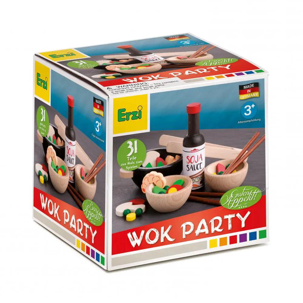 ERZI Wok Party toy set with wooden bowls, chopsticks and soy sauce bottle, 3+ age, made in Germany.