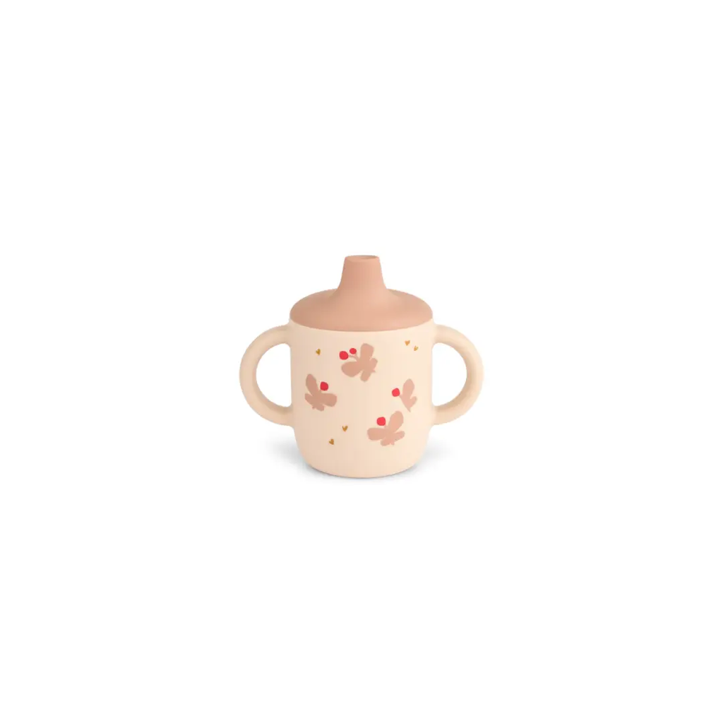 LIEWOOD tasse neil sippy cup with butterfly apple blossom pattern; beige body, pink lid, two handles