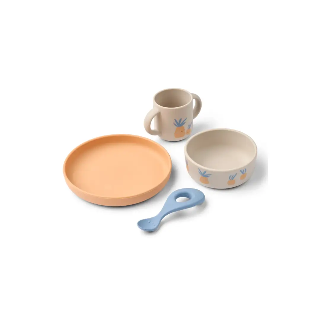 LIEWOOD Vivi pineapple sandy feeding set, 4-piece with peach plate, beige bowl and mug with pineapple, blue spoon