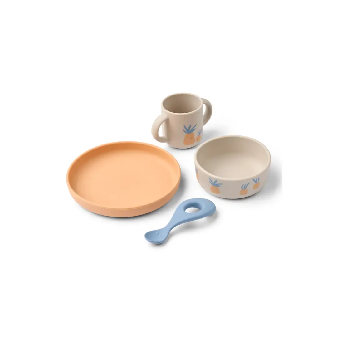 LIEWOOD Vivi pineapple sandy feeding set, 4-piece with peach plate, beige bowl and mug with pineapple, blue spoon