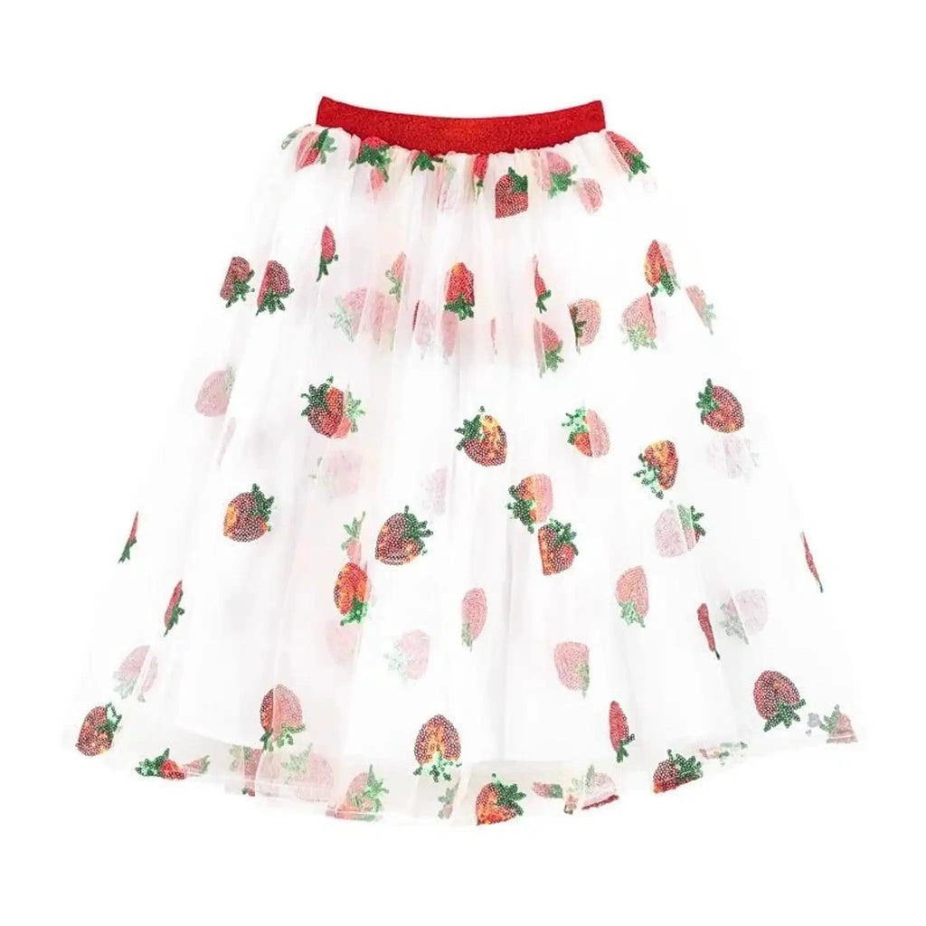 RATATAM jupon long with strawberry print on white tulle and red sequin waistband