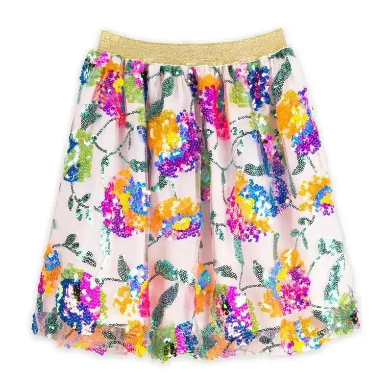 RATATAM jupe paradis by Citron Grenadine, colorful floral sequin skirt with gold waistband