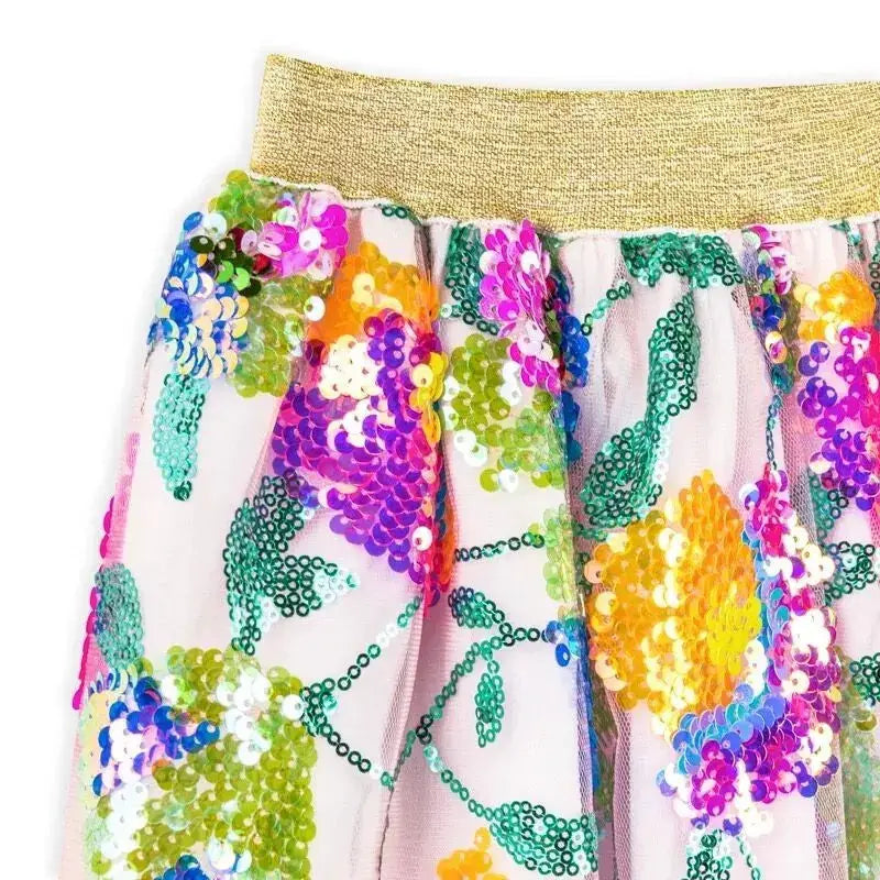 RATATAM jupe paradis by Citron Grenadine, pink sequin floral skirt with metallic gold waistband
