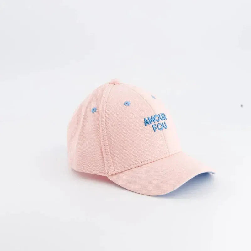 CHAMAYE baseball cap in pink by Citron Grenadine with blue AMOUR FOU embroidery