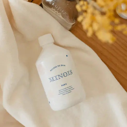MINOIS mousse de bain bubble bath bottle, white with blue text, Citron Grenadine