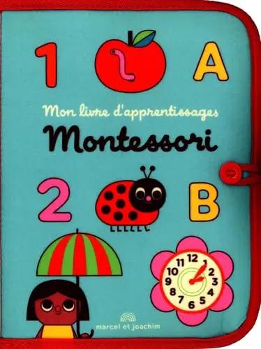 Livre d'apprentissage Montessori Marcel et Joachim, couverture turquoise avec bord rouge et chiffres et lettres.