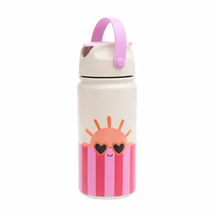 Gourde isotherme 420 ml THE COTTON CLOUD beige avec bouchon et anse roses, motif soleil et rayures roses