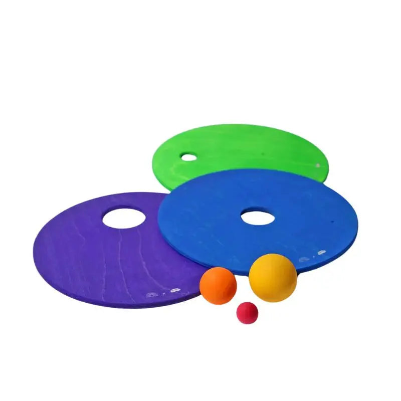 Rolling Discs set Citron Grenadine, includes 3 colored discs (purple, blue, green) and 3 balls