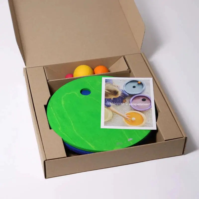 STAPELSTEIN x GRIMMS Rolling Discs set by Citron Grenadine, green disc with blue/orange discs in box