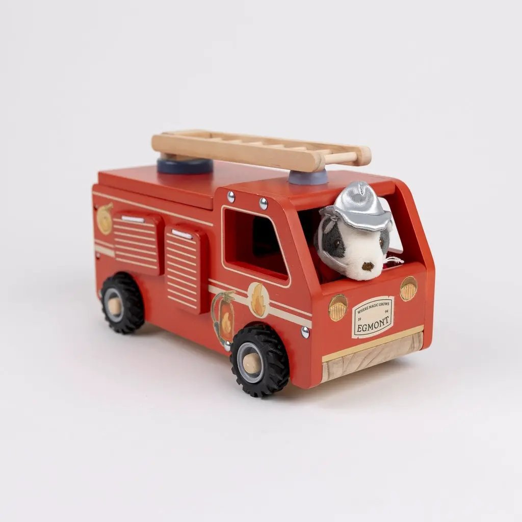 Camion de pompiers en bois rouge EGMONT TOYS avec échelle et chien peluche pompier dans la cabine
