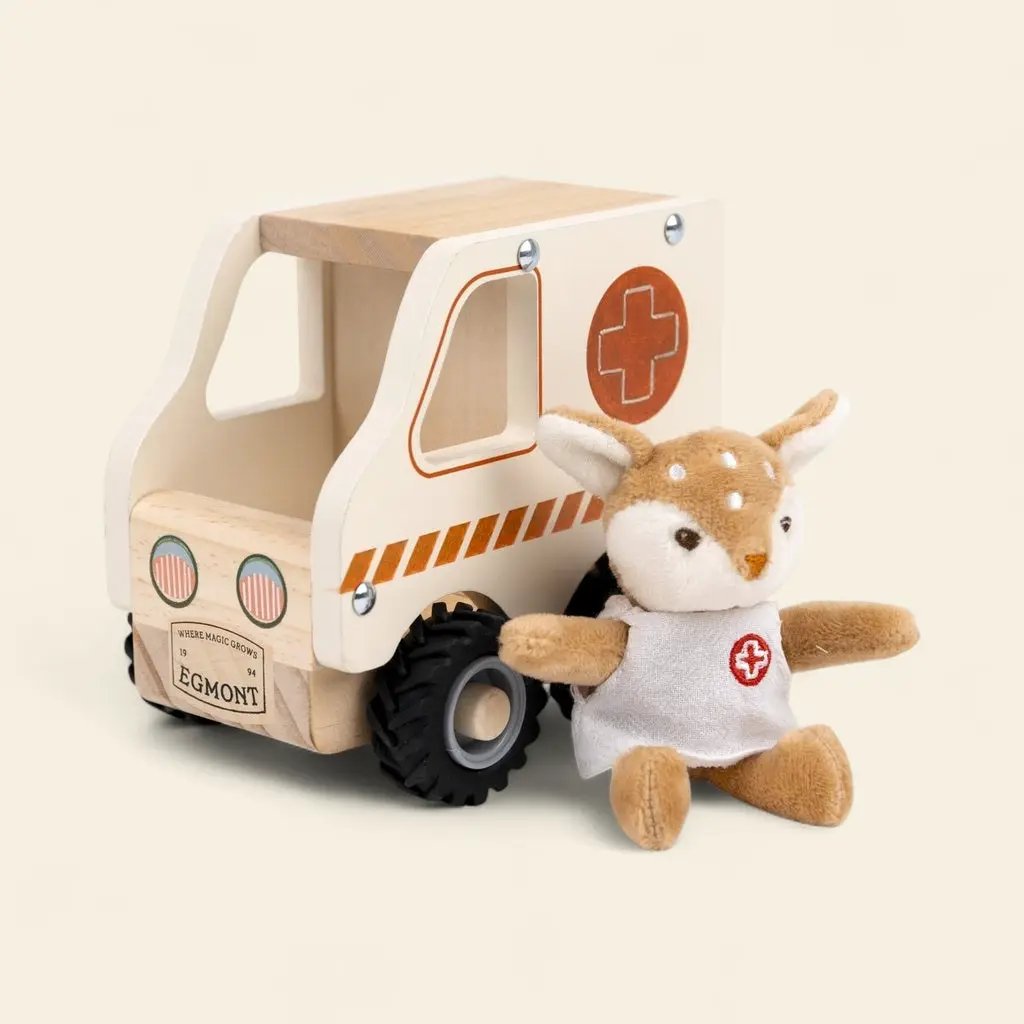 Ambulance en bois Egmont Toys +18 mois avec peluche faon infirmier, jouet camion médical