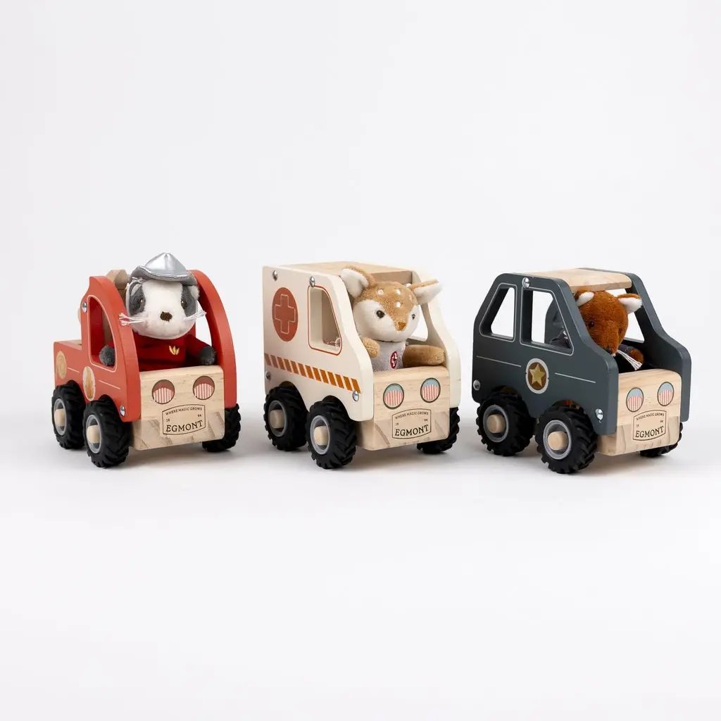 Set of 3 wooden Egmont Toys vehicles (police car, ambulance, utility truck) by Citron Grenadine, ages 18m+.