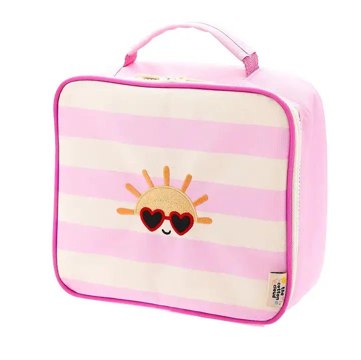 Sac isotherme THE COTTON CLOUD, Citron Grenadine; sac déjeuner rose à rayures avec emoji soleil et lunettes cœur.