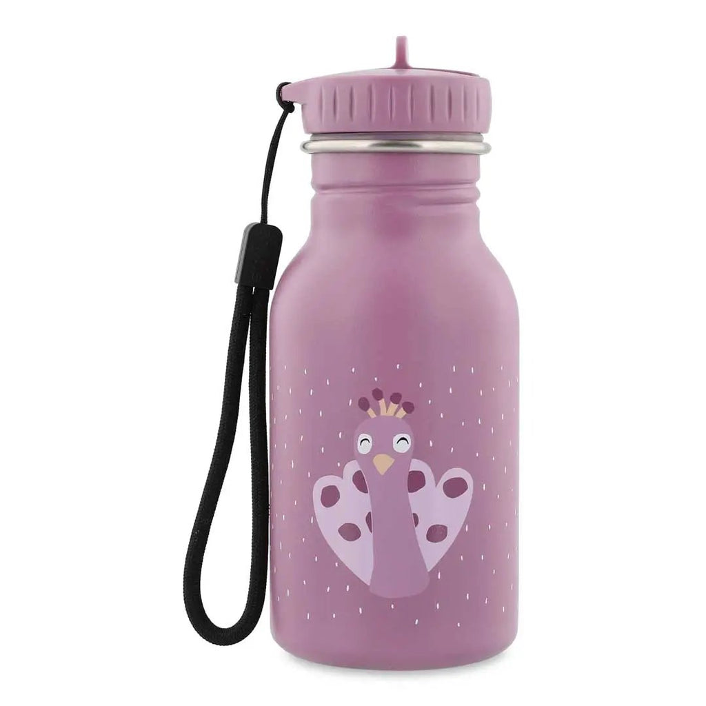 Trixie 350 ml water bottle, pink-purple with Mrs. Peacock design and black strap.