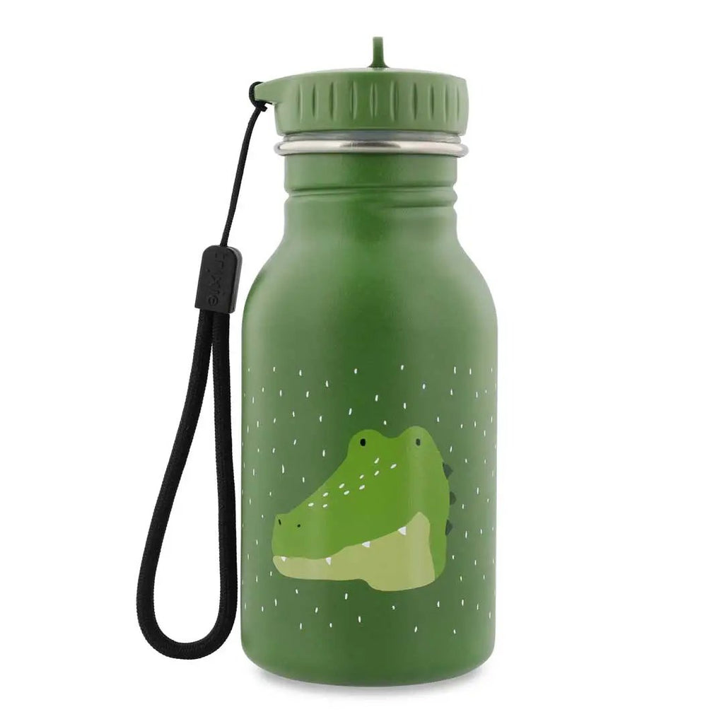 TRIXIE gourde 350 ml water bottle, green with crocodile illustration, matching green cap and black lanyard.