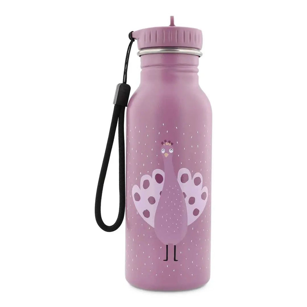 TRIXIE gourde 500 ml water bottle with Mrs Peacock design, pink, black strap, Citron Grenadine