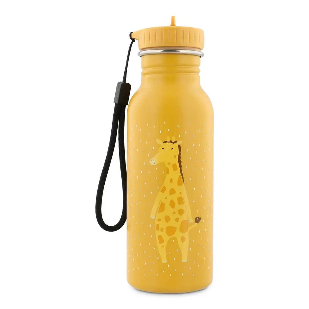 TRIXIE gourde 500 ml water bottle in yellow with a giraffe illustration, dotted pattern, screw-cap lid, and black strap