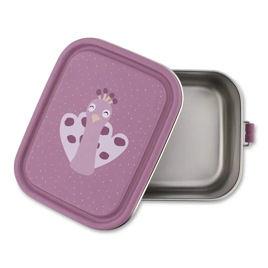 Lunch box S, Mrs Peacock design, Citron Grenadine brand, purple lid