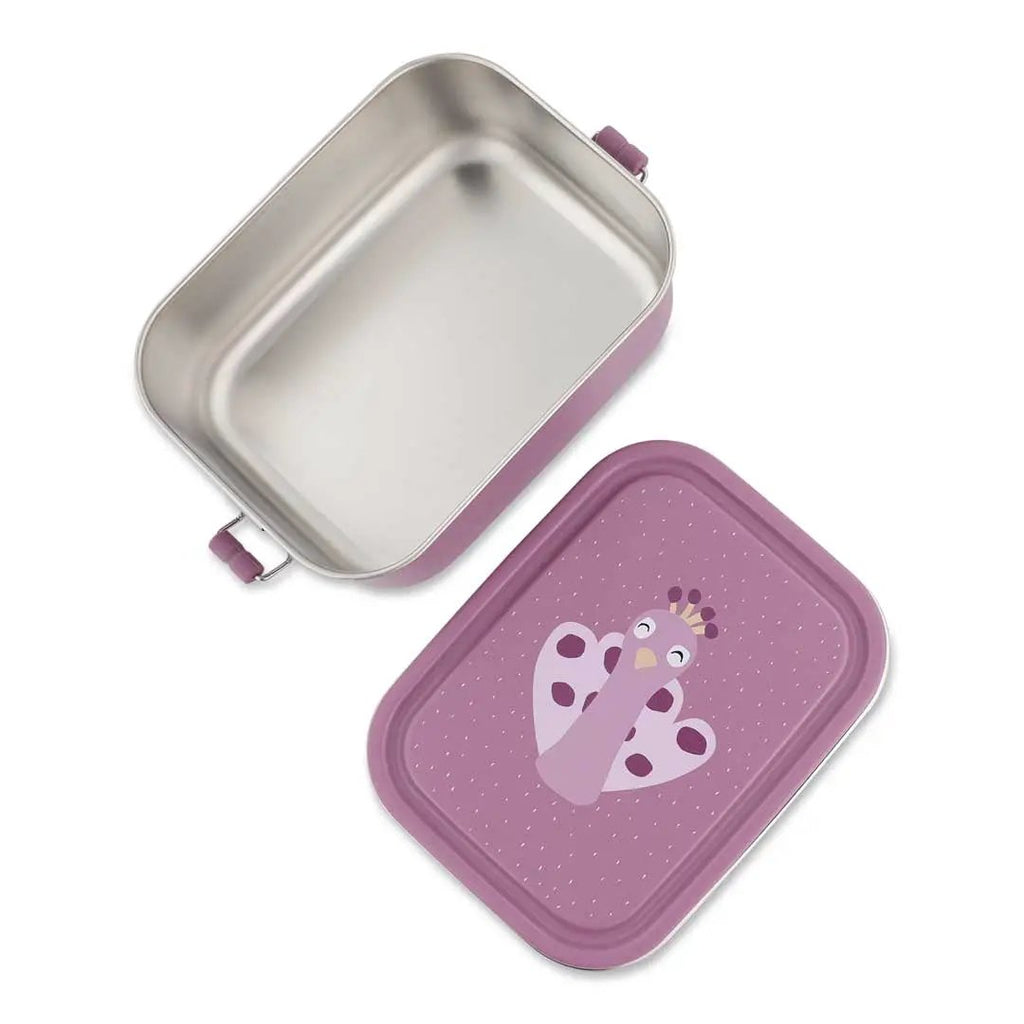 TRIXIE lunch box S with purple lid featuring Mrs Peacock cartoon; stainless steel interior