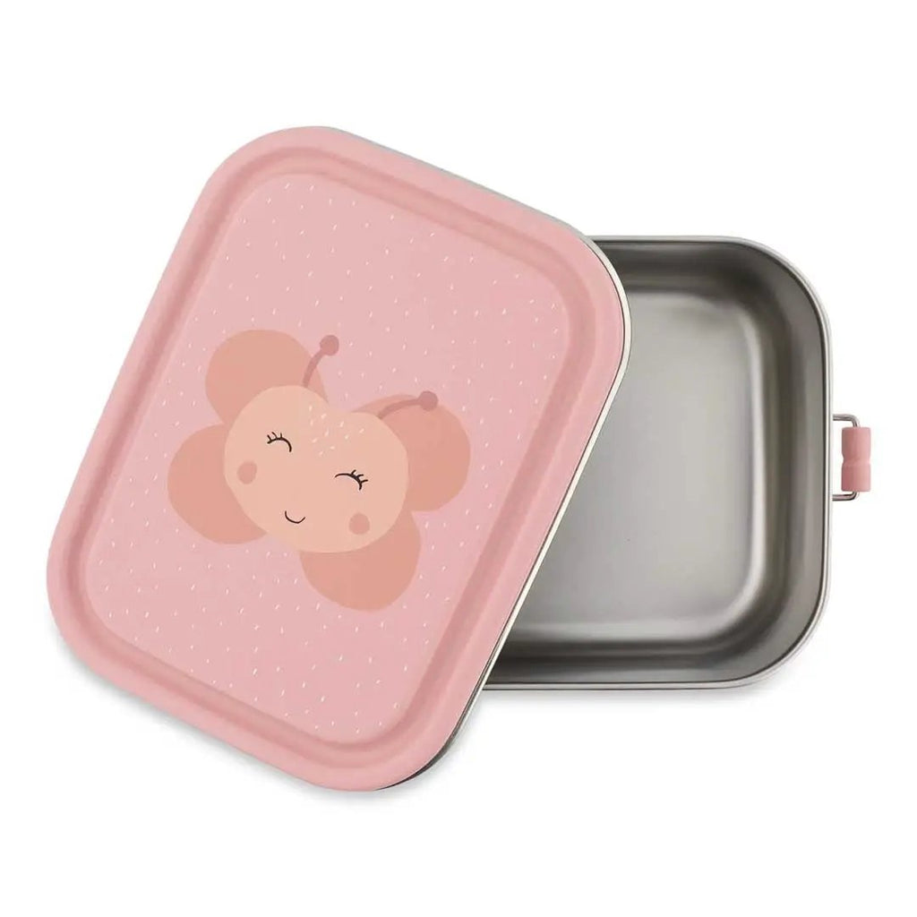 TRIXIE lunch box S by Citron Grenadine, pink lid with Mrs Butterfly illustration, stainless steel body