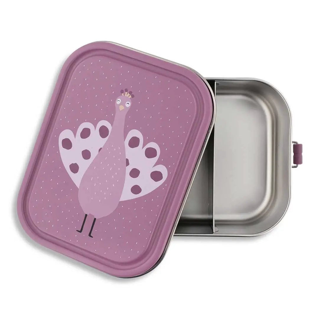 TRIXIE lunch box L, pink-purple metal lunch container with a peacock illustration