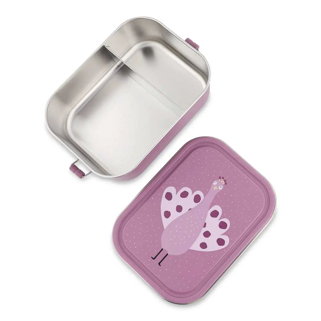 TRIXIE lunch box L with Mrs Peocock design, pink exterior; two-compartment stainless steel interior, Citron Grenadine